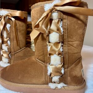 Camel Crown Cozy Tan Women's Boots with Ribbon Detail